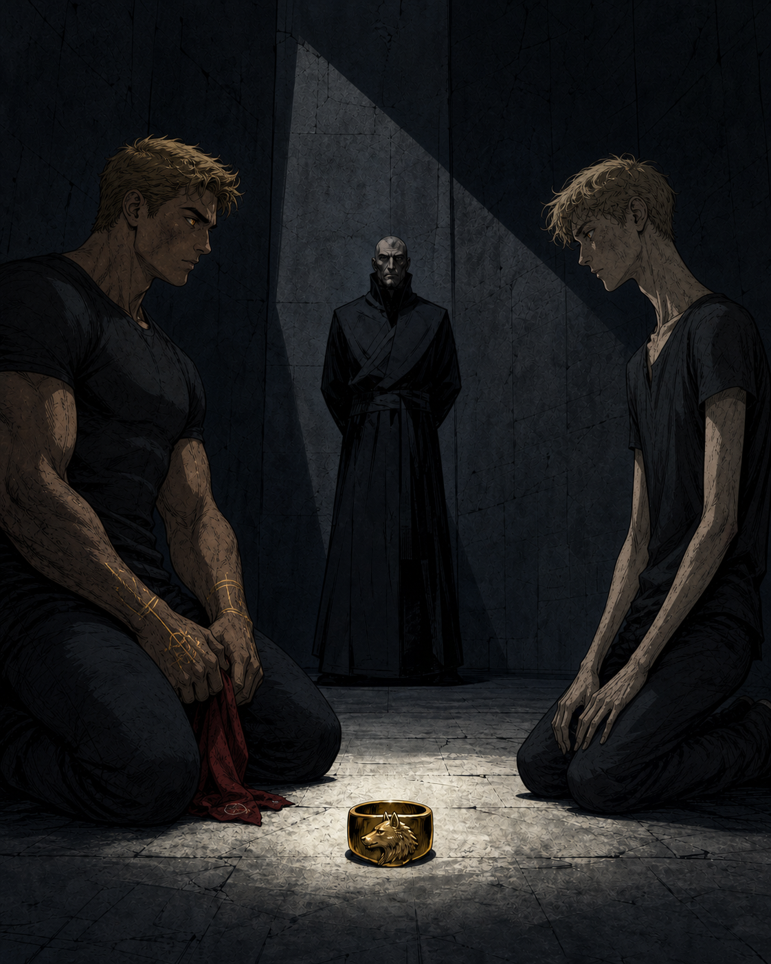 Darrow and Julian face the Passage test in a dark stone chamber while a Gold Proctor watches.