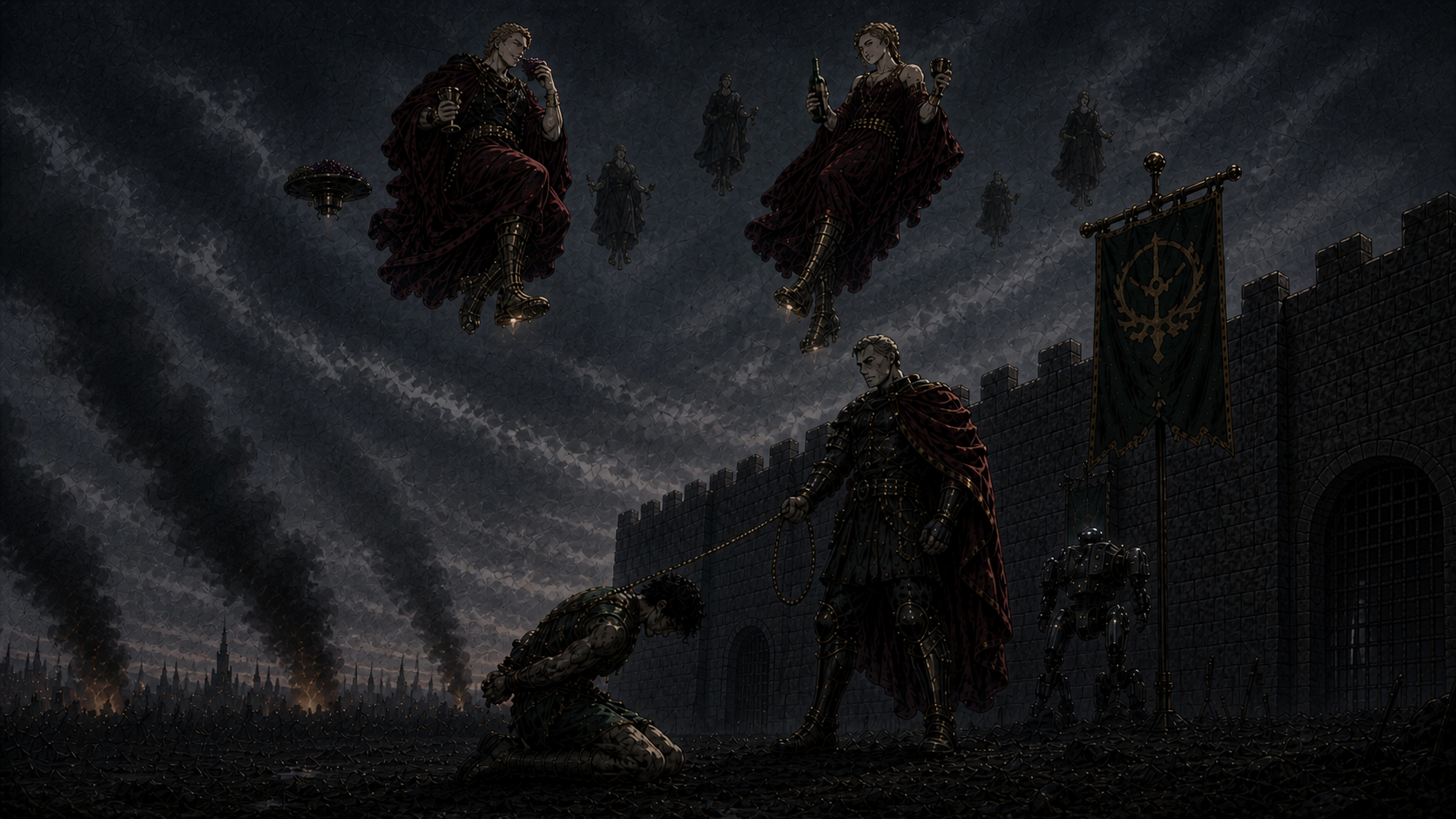 Gold students fight below while the Proctors watch the rain-soaked battlefield from Olympus above.
