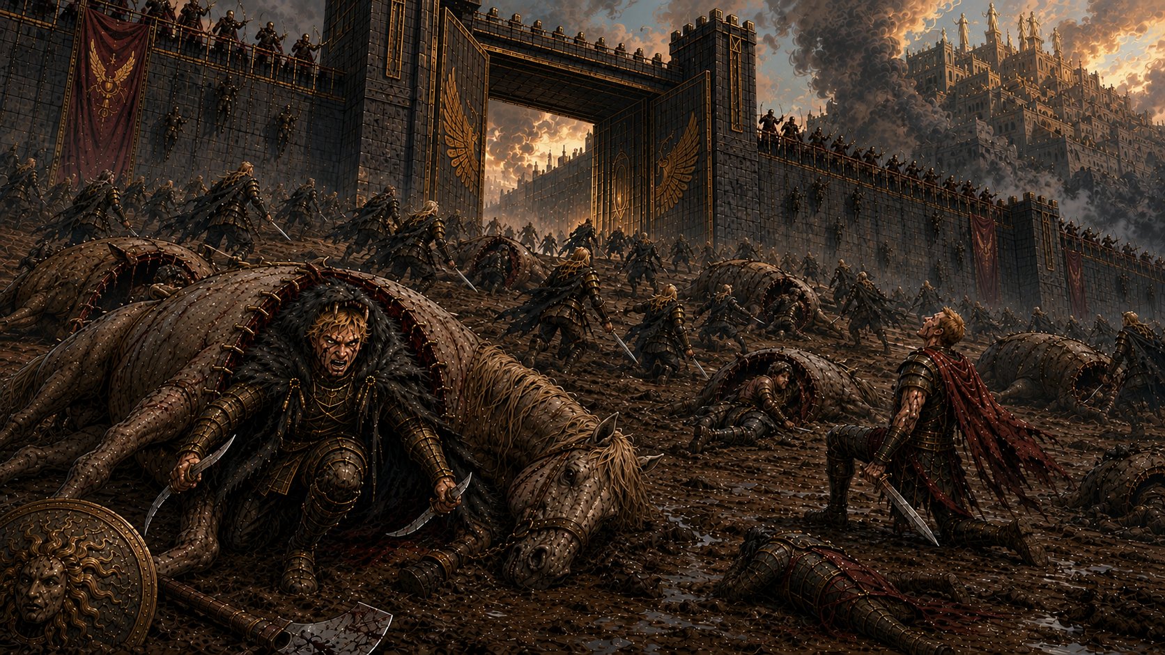 Sevro and the Howlers emerge from stitched dead horses beside Minerva’s open gate as Gold soldiers surge through the breach.