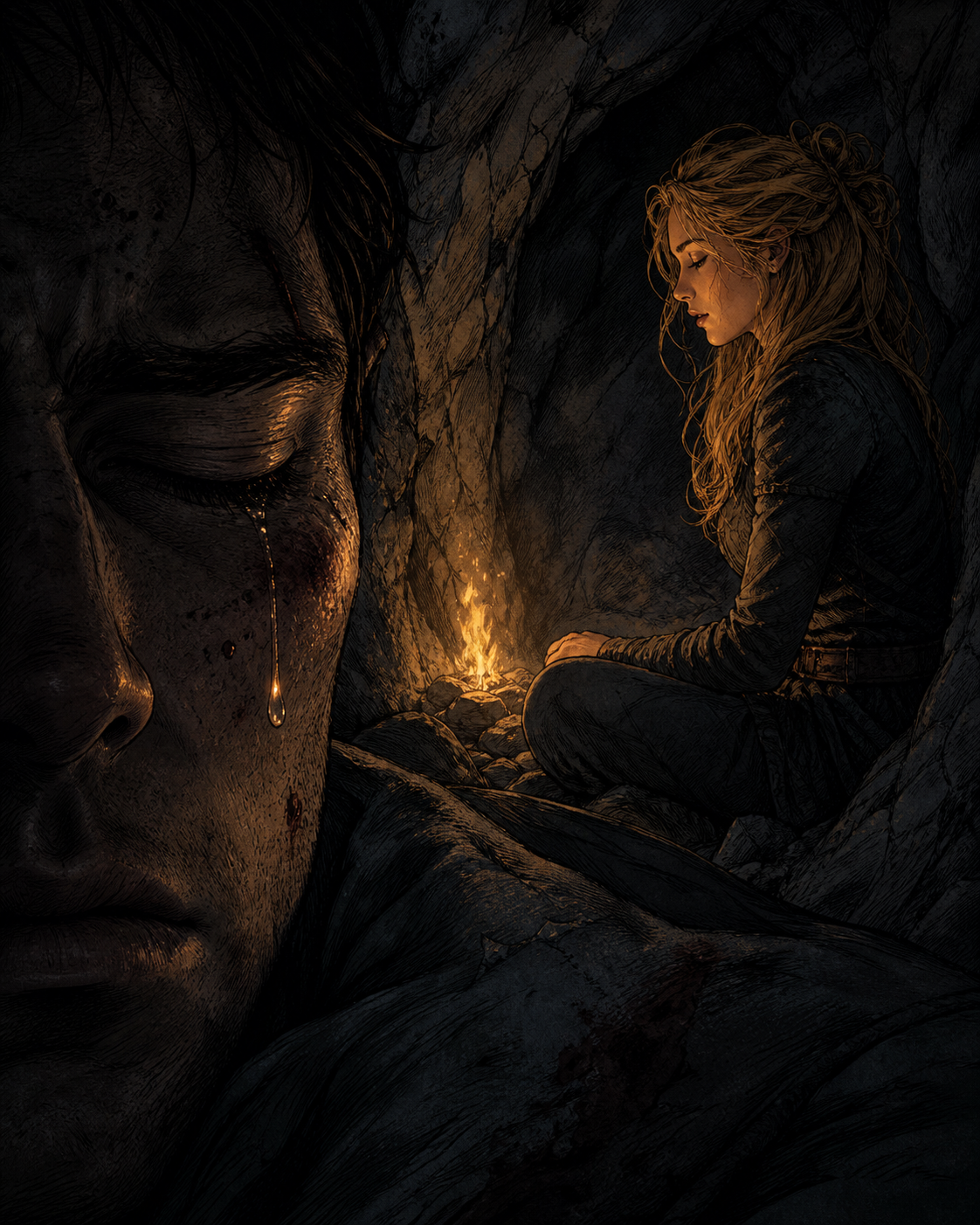 Darrow rests in a dark cave while Mustang sits beside the fire, humming Eo’s song without knowing its history.